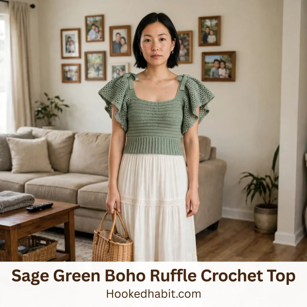 Sage Green Boho Ruffle Crochet Top