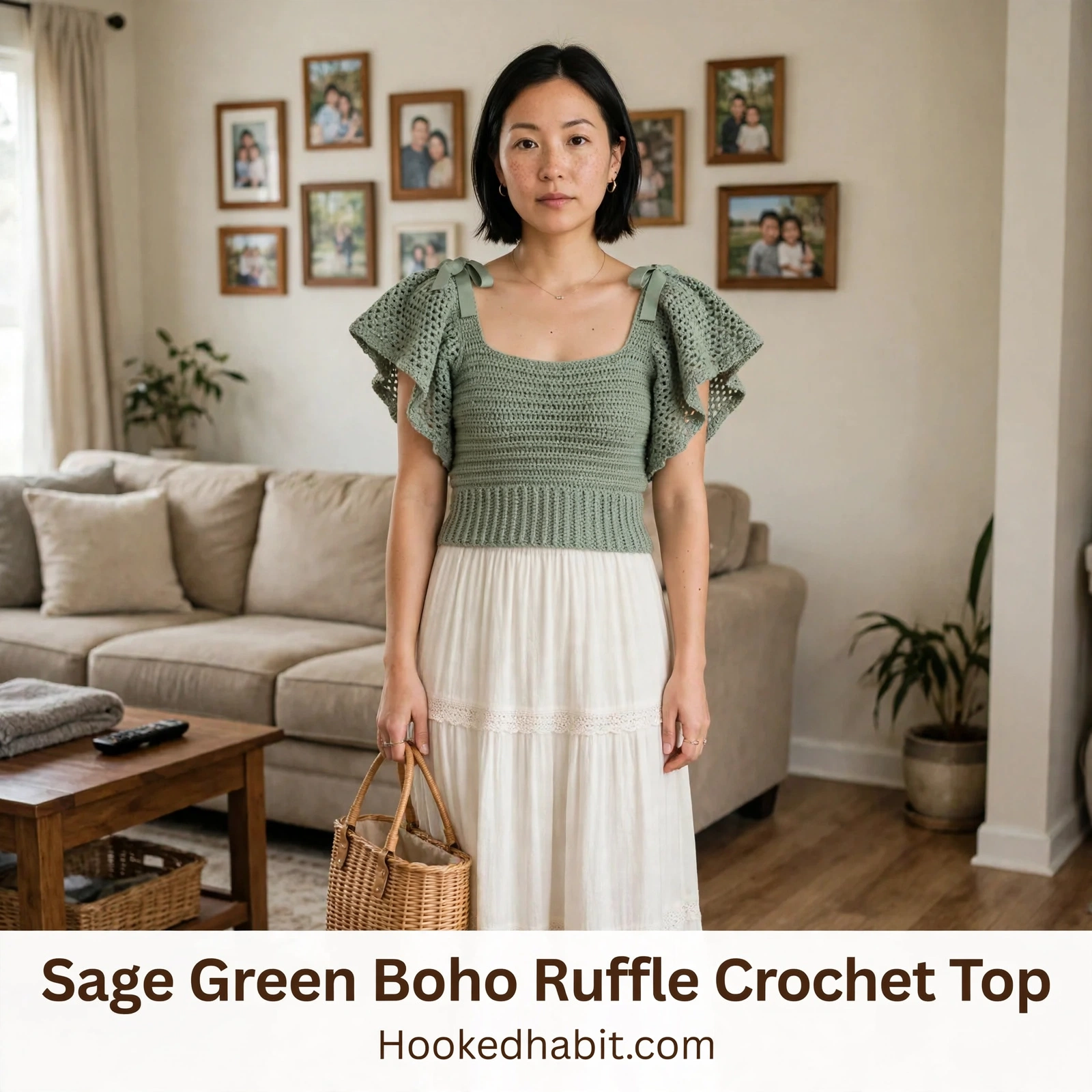 Sage Green Boho Ruffle Crochet Top