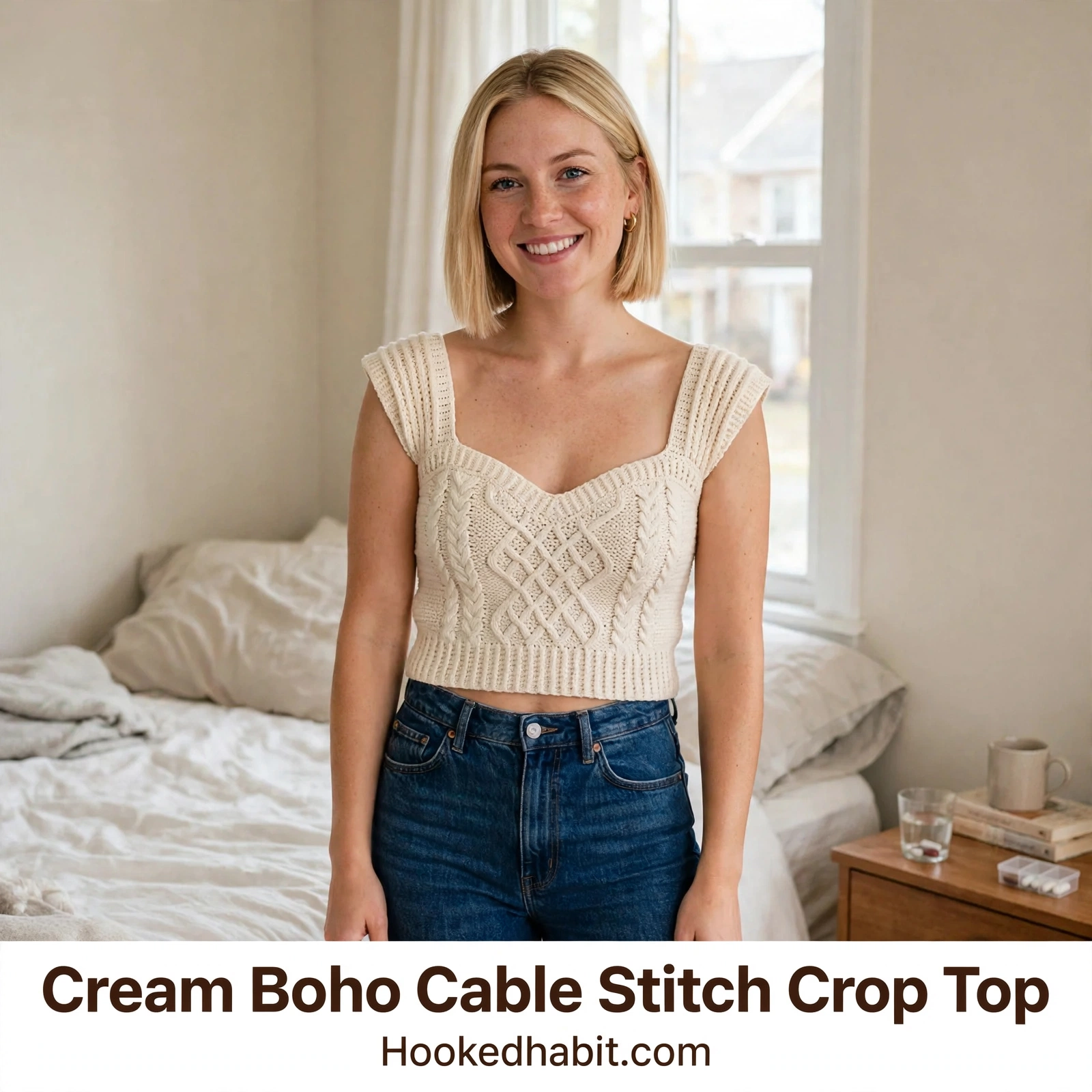 Cream Boho Cable Stitch Crop Top