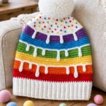 Rainbow drip cake beanie with frosting drips, sprinkles and white pom-pom