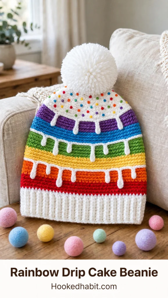 Rainbow drip cake beanie with frosting drips, sprinkles and white pom-pom