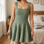 Sage green ribbed flared dress with fitted bodice and twirly skirt