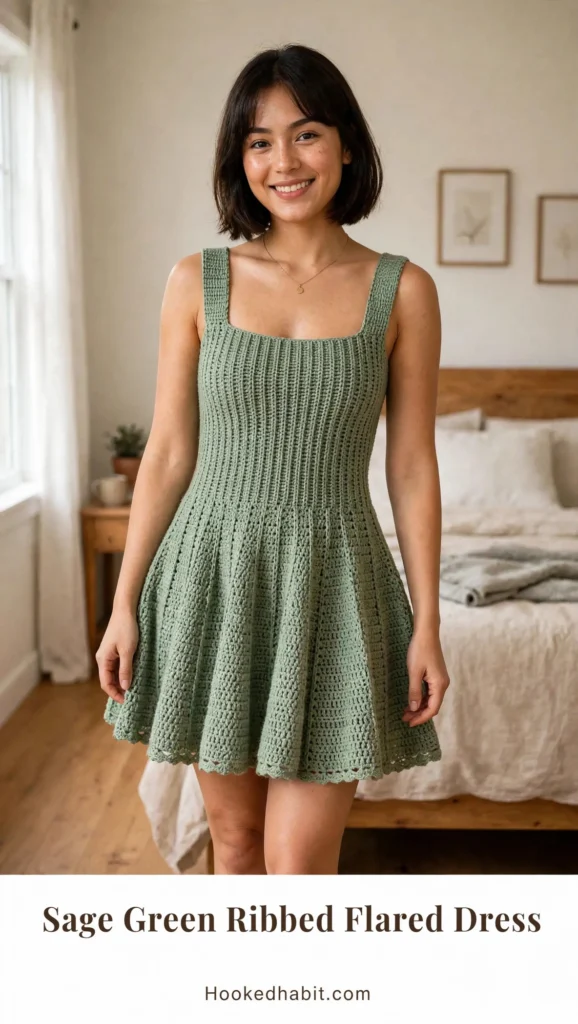 Sage green ribbed flared dress with fitted bodice and twirly skirt
