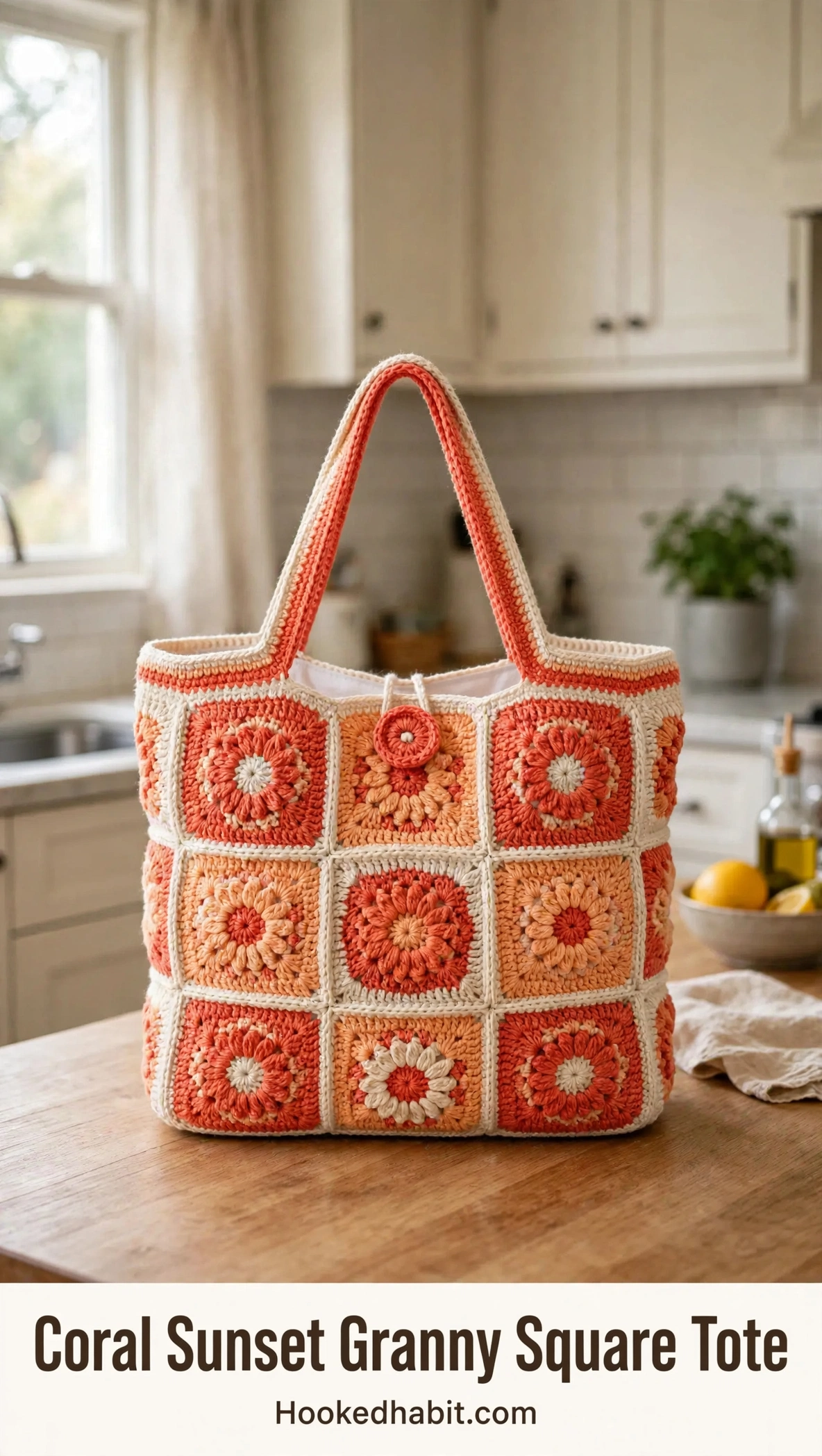 Coral sunset granny square tote with flower motifs and button closure