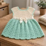 Mint and cream crochet baby dress with ribbon and pearl beads