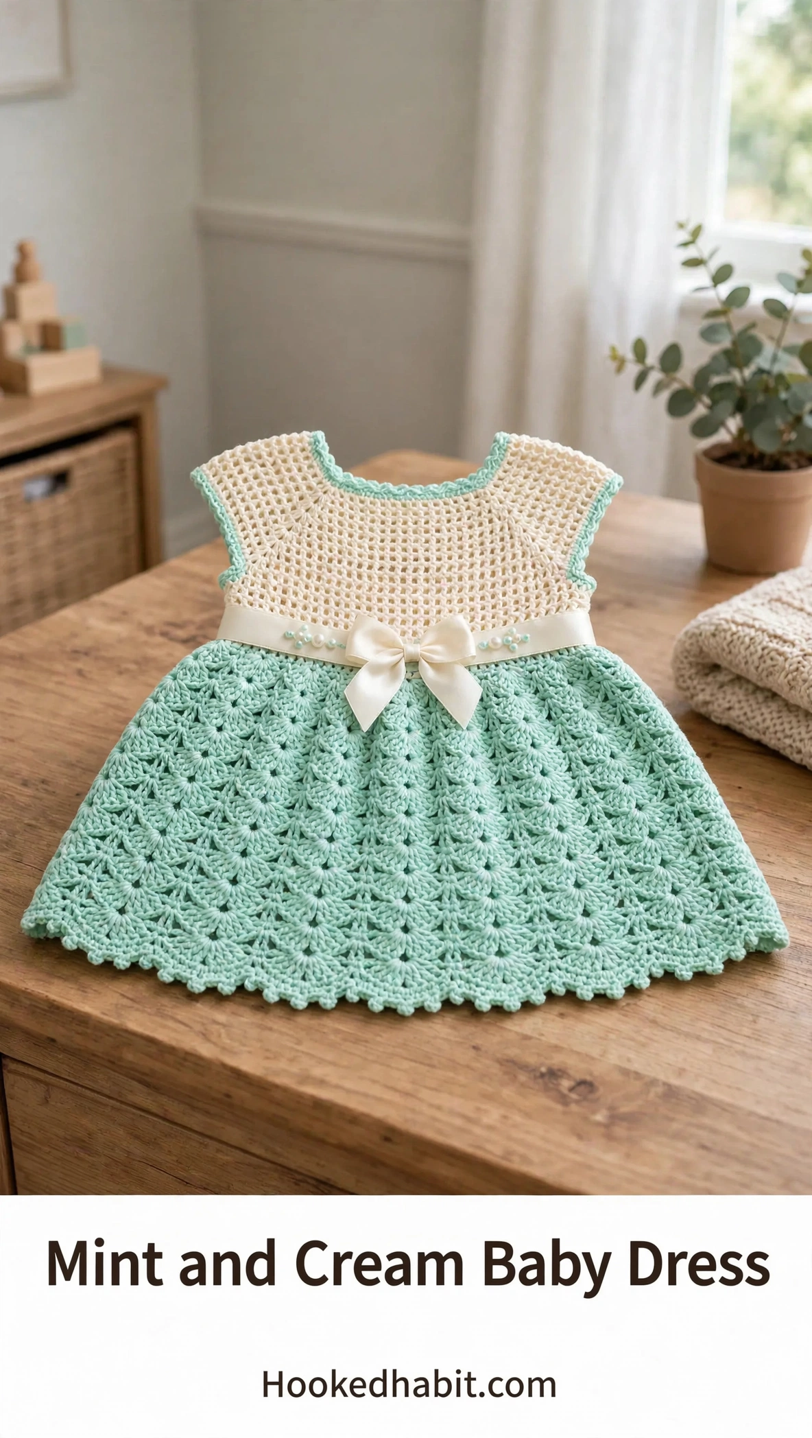 Mint and cream crochet baby dress with ribbon and pearl beads