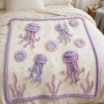 Lavender jellyfish baby blanket laid on a bed