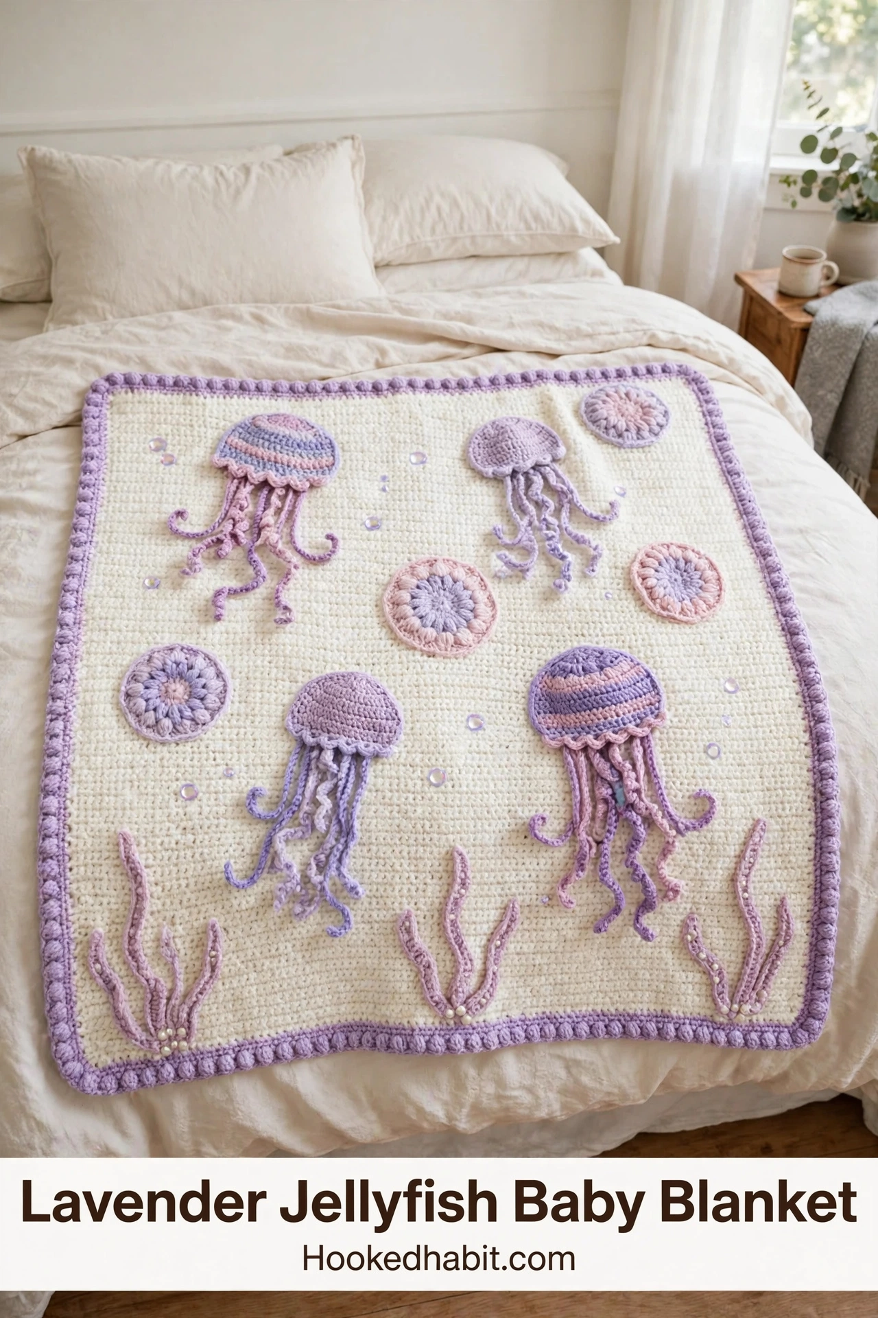 Lavender jellyfish baby blanket laid on a bed