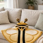 Baby bumblebee crochet poncho on a couch