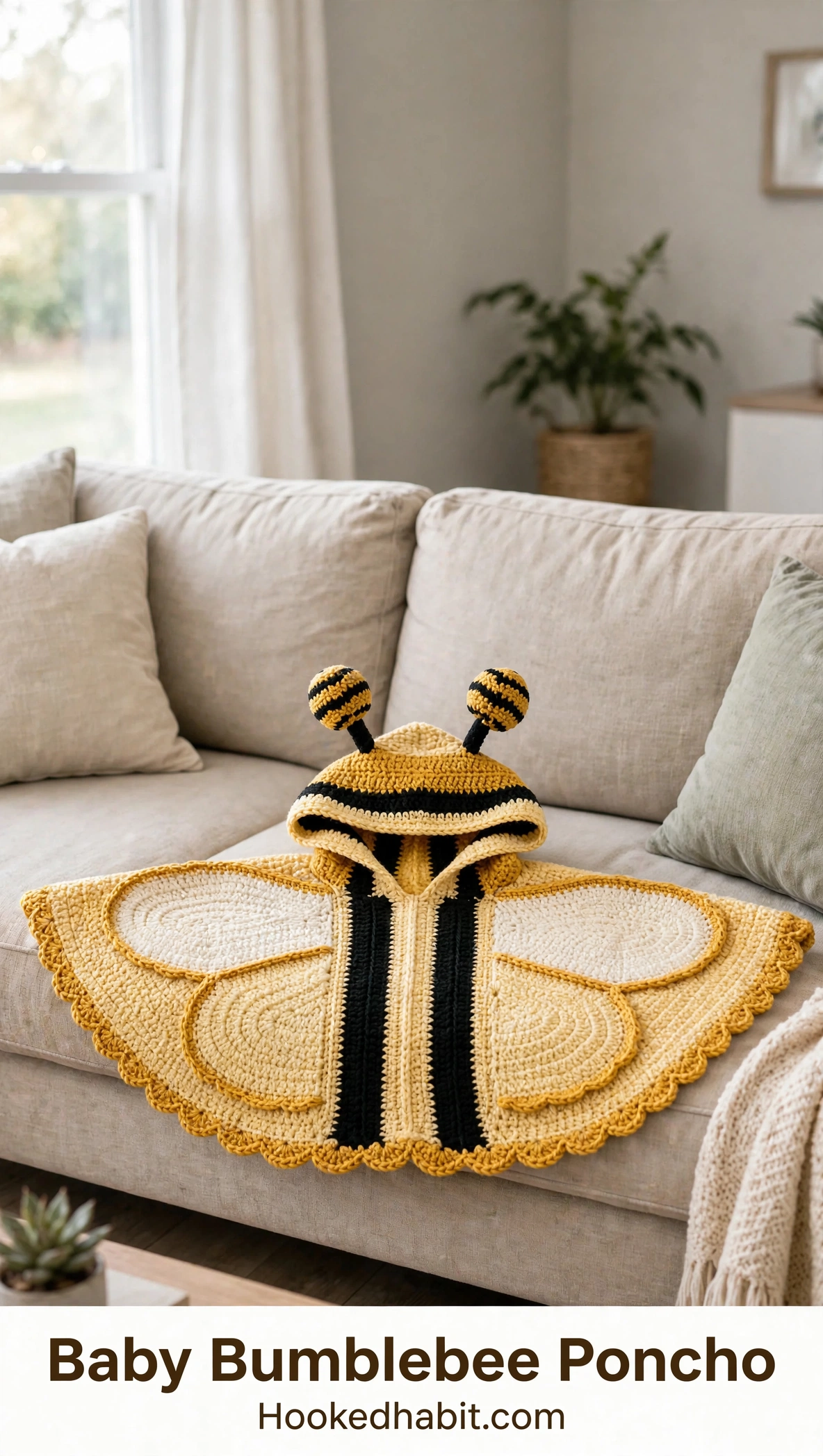 Baby bumblebee crochet poncho on a couch