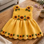 Sunflower summer baby dress on a coffee table