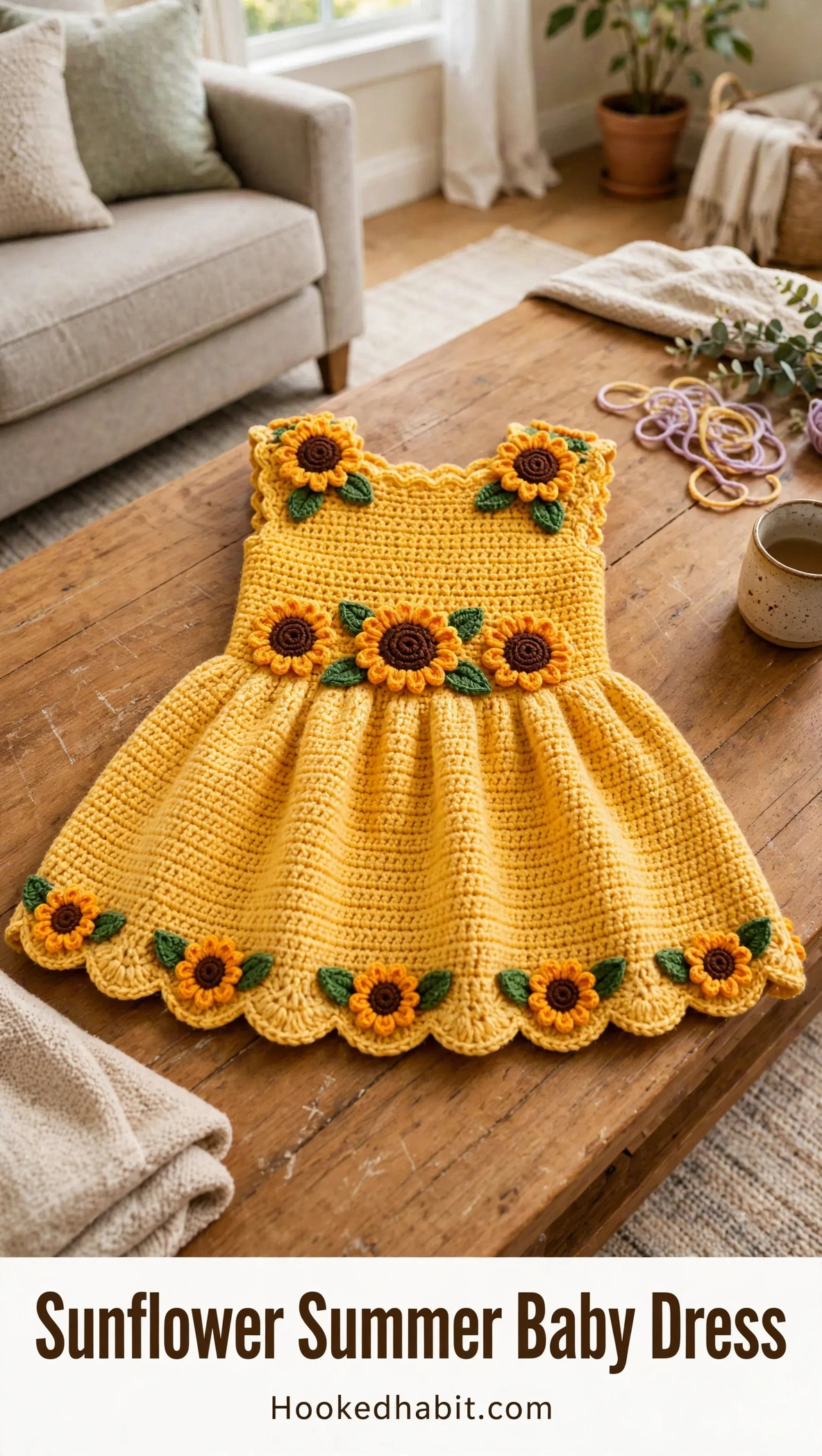 Sunflower summer baby dress on a coffee table