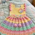 Pastel rainbow tiered baby dress on a bed