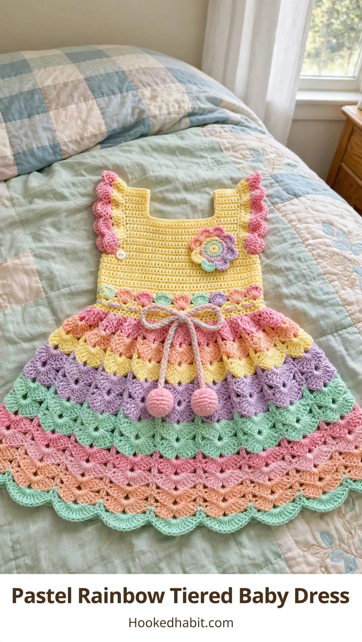 Pastel rainbow tiered baby dress on a bed