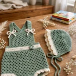 Sage green baby romper and bonnet set on a dresser