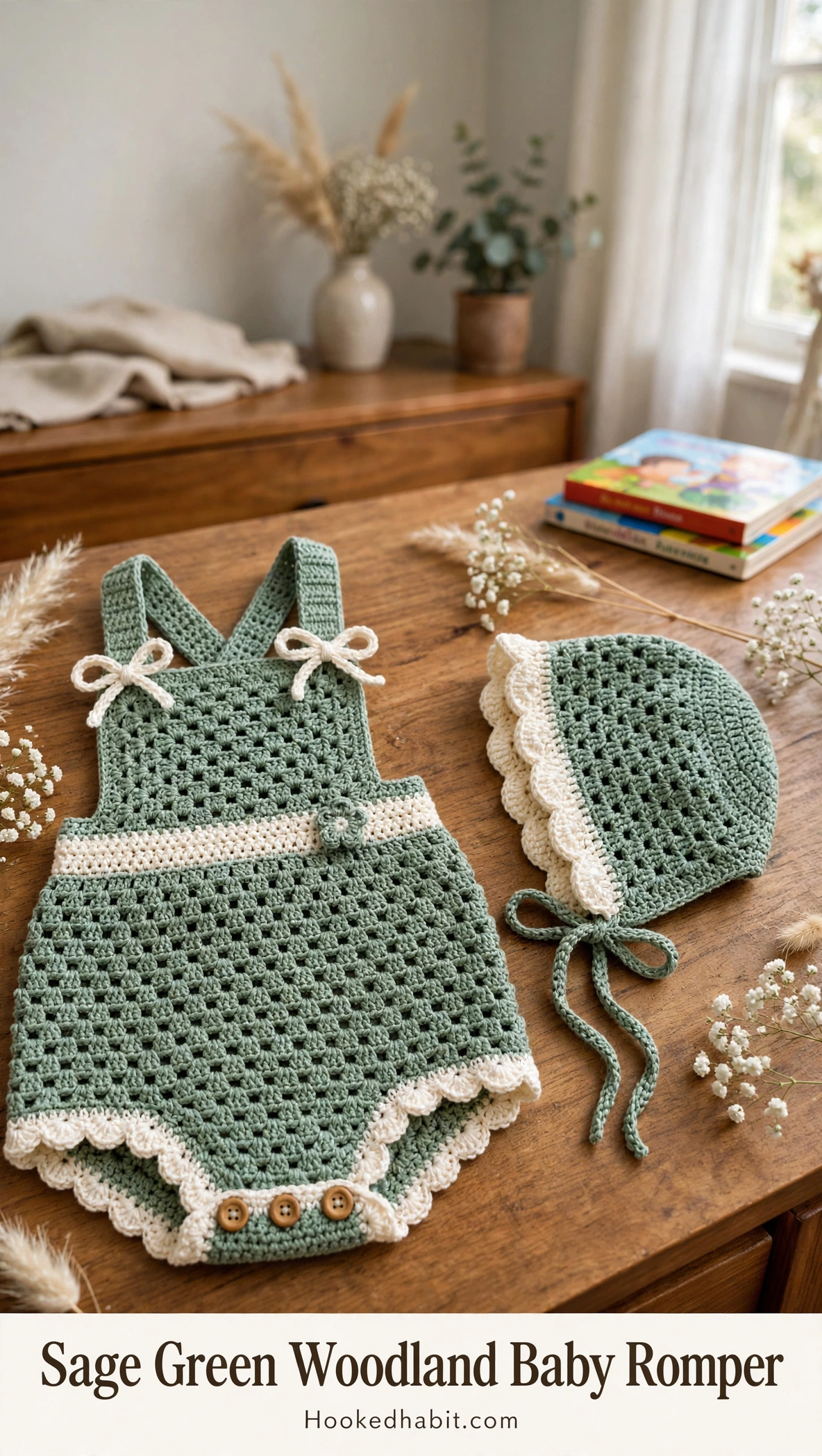 Sage green baby romper and bonnet set on a dresser