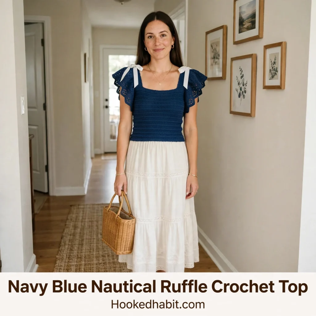 Navy Blue Nautical Ruffle Crochet Top