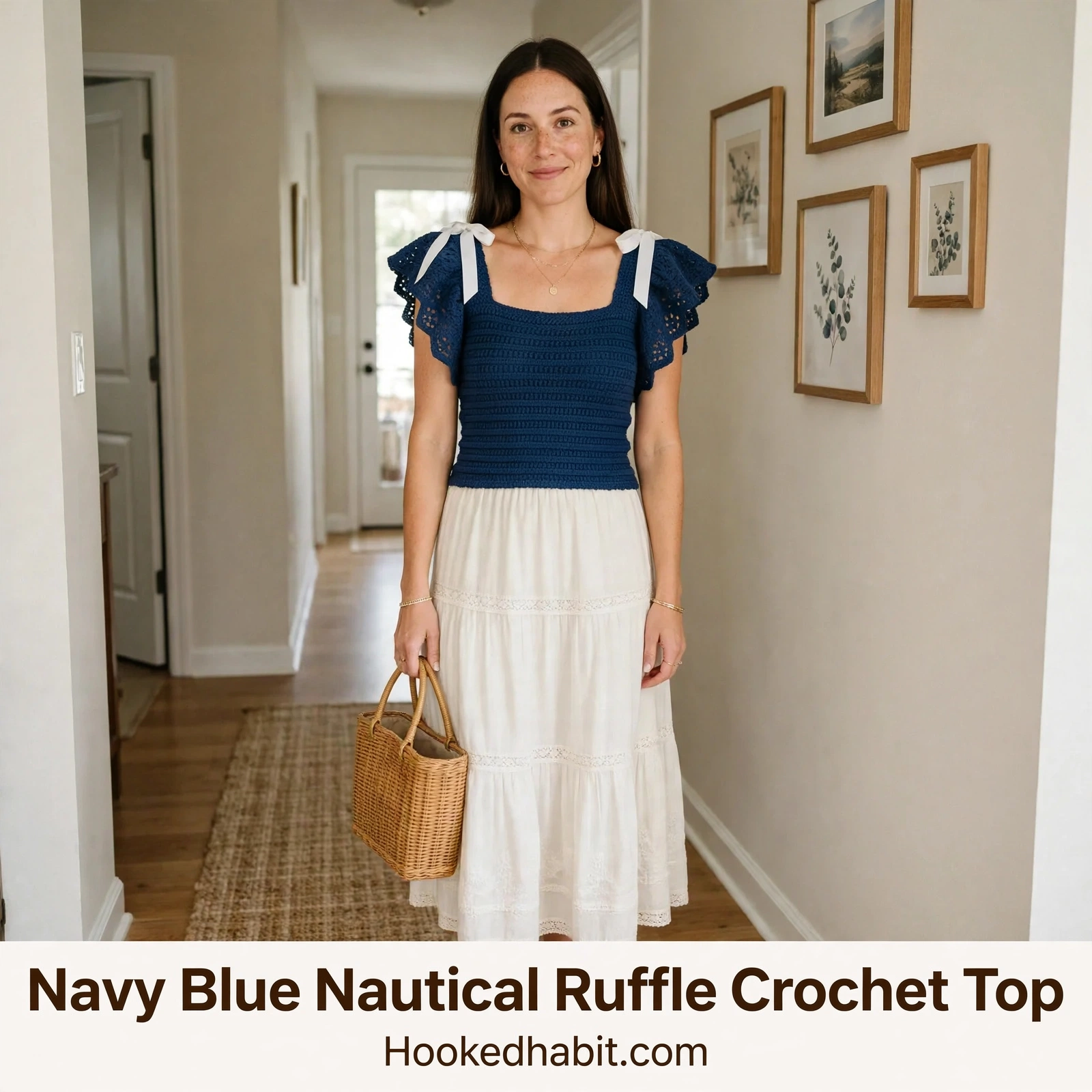 Navy Blue Nautical Ruffle Crochet Top