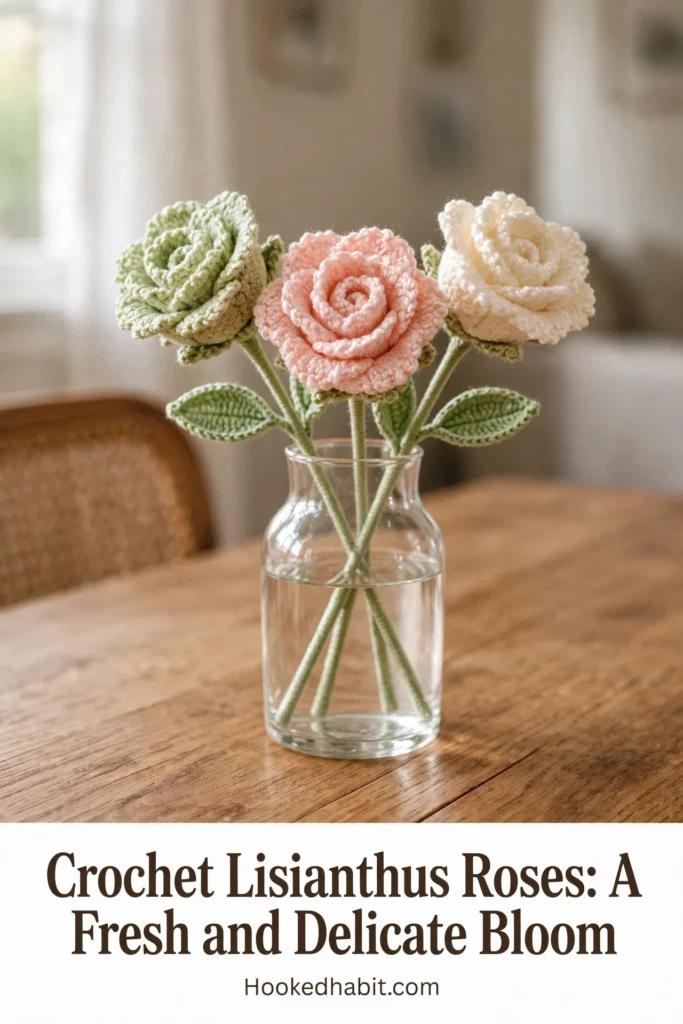 Crochet lisianthus roses in sage green, cream, and blush pink in a glass vase