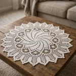 White crochet lace doily with pineapple fan sections on a coffee table