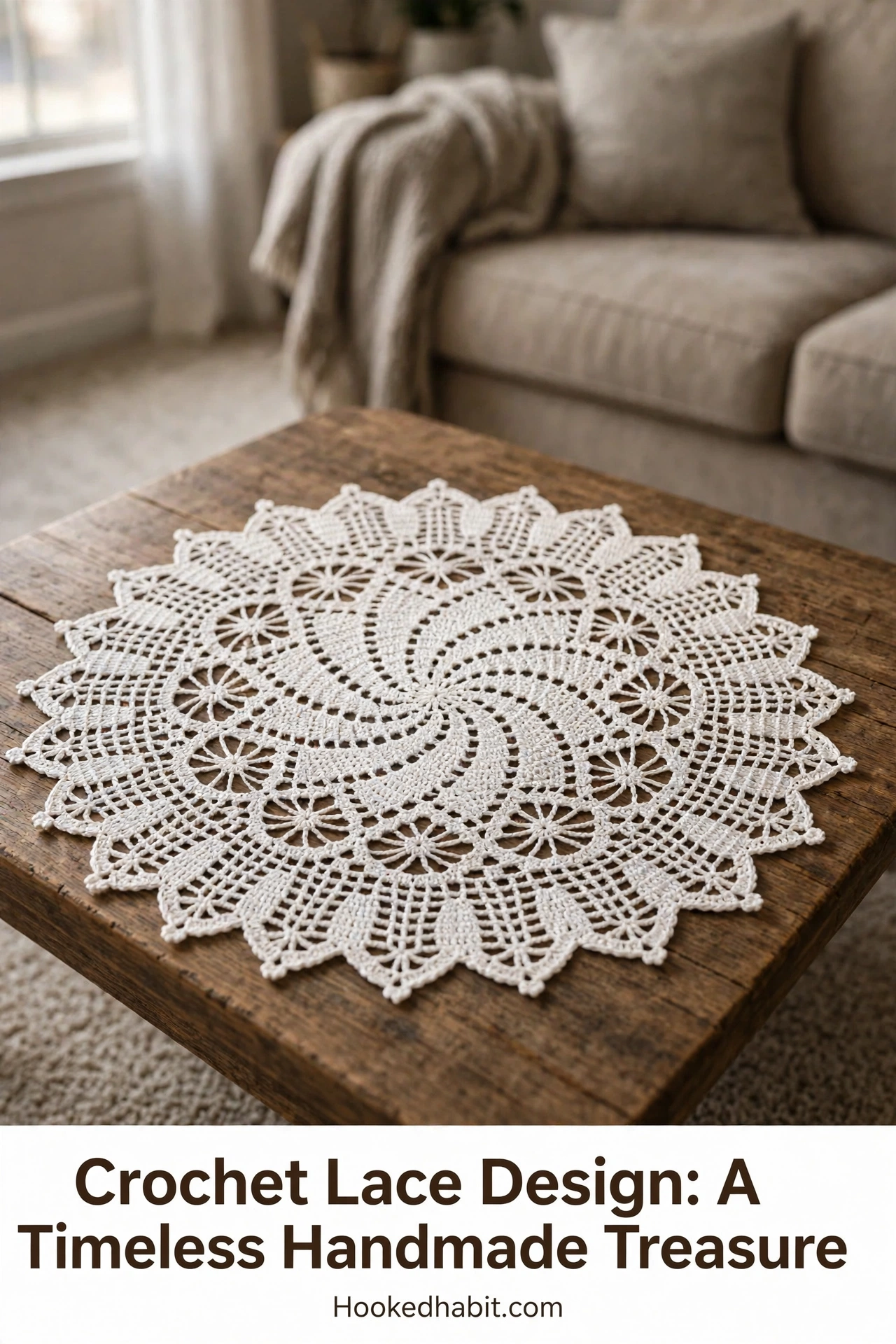 White crochet lace doily with pineapple fan sections on a coffee table