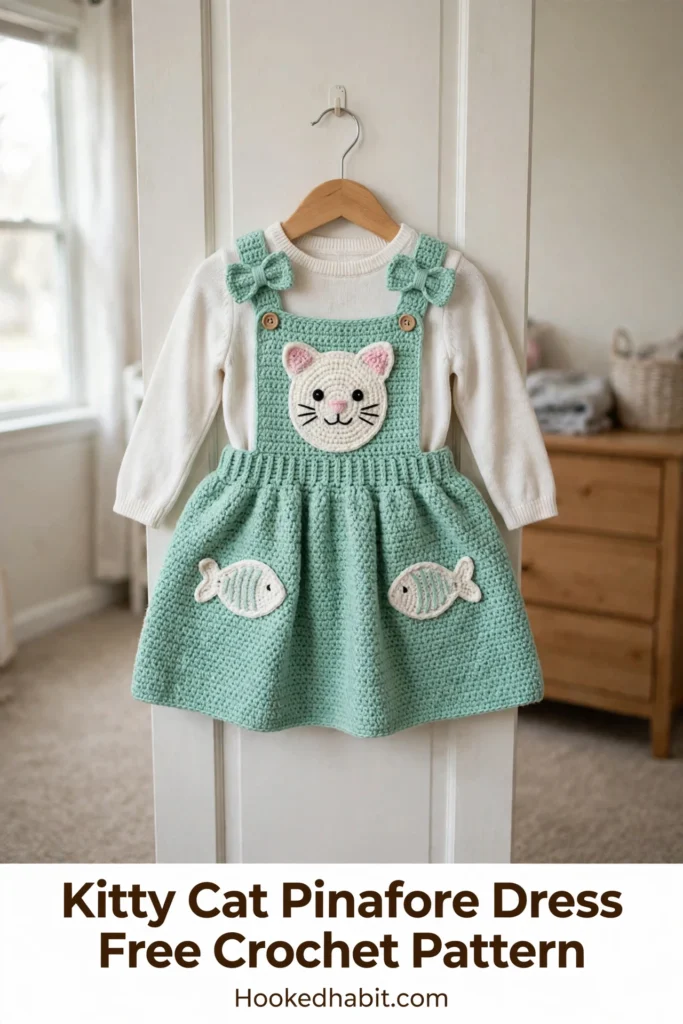 Kitty cat pinafore dress in mint green crochet hanging on a nursery closet door