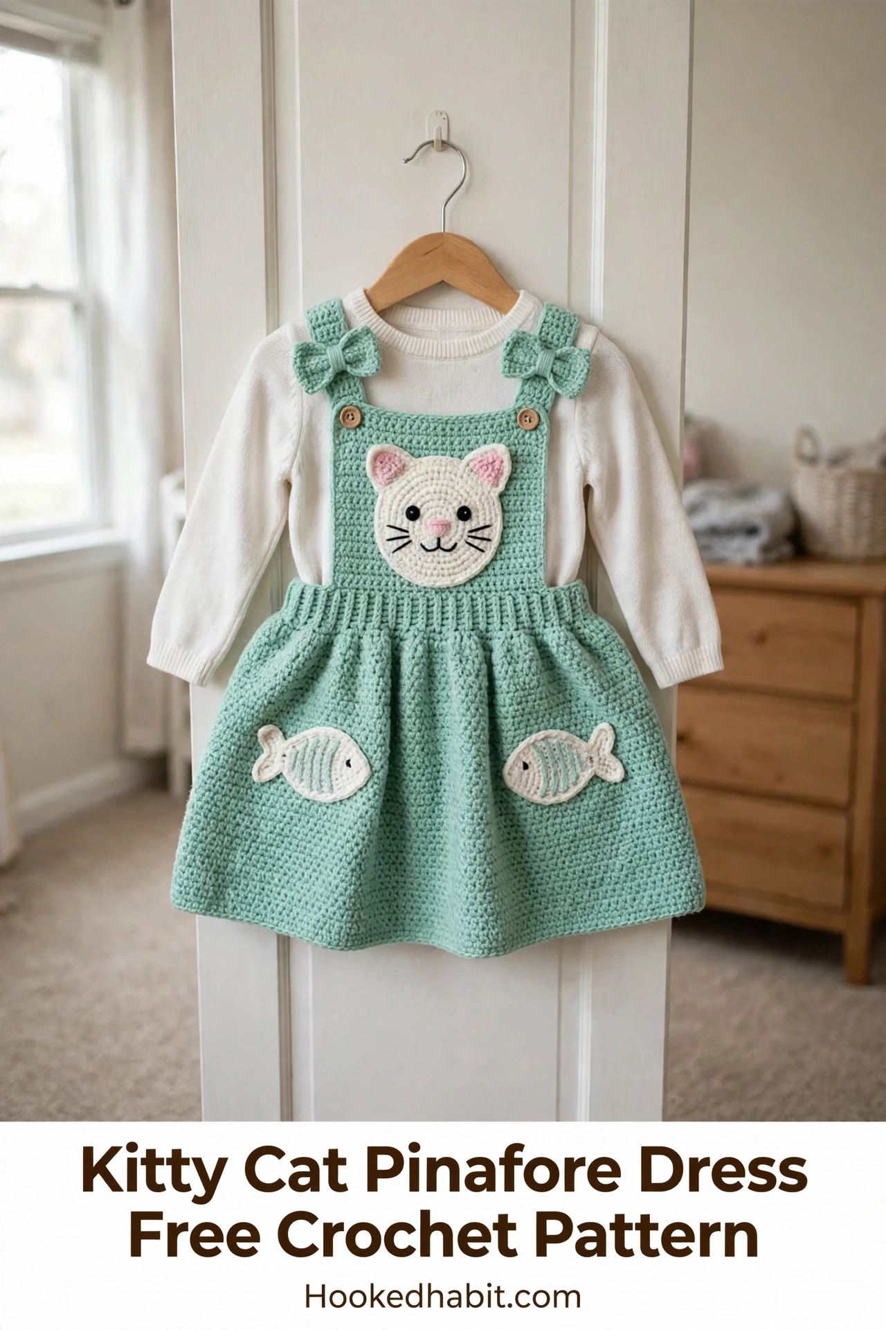 Kitty cat pinafore dress in mint green crochet hanging on a nursery closet door