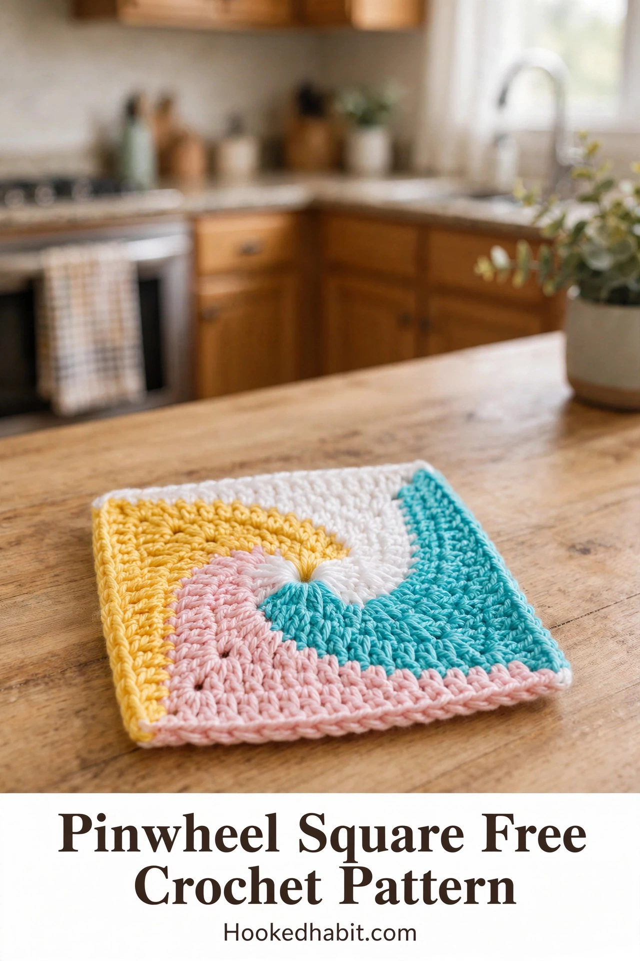 Colorful crochet pinwheel square motif on a wooden kitchen table