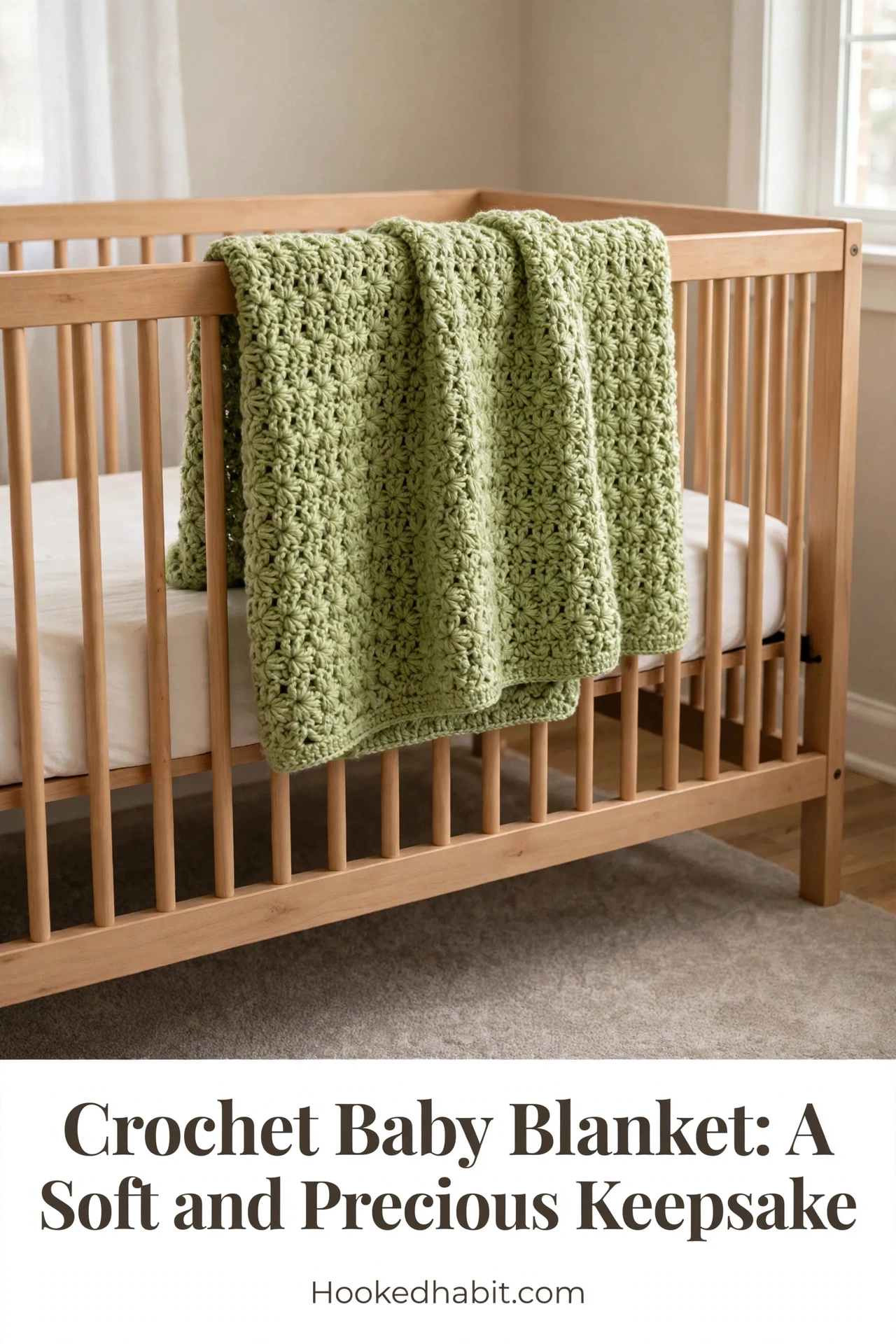 Green crochet baby blanket draped over a wooden crib