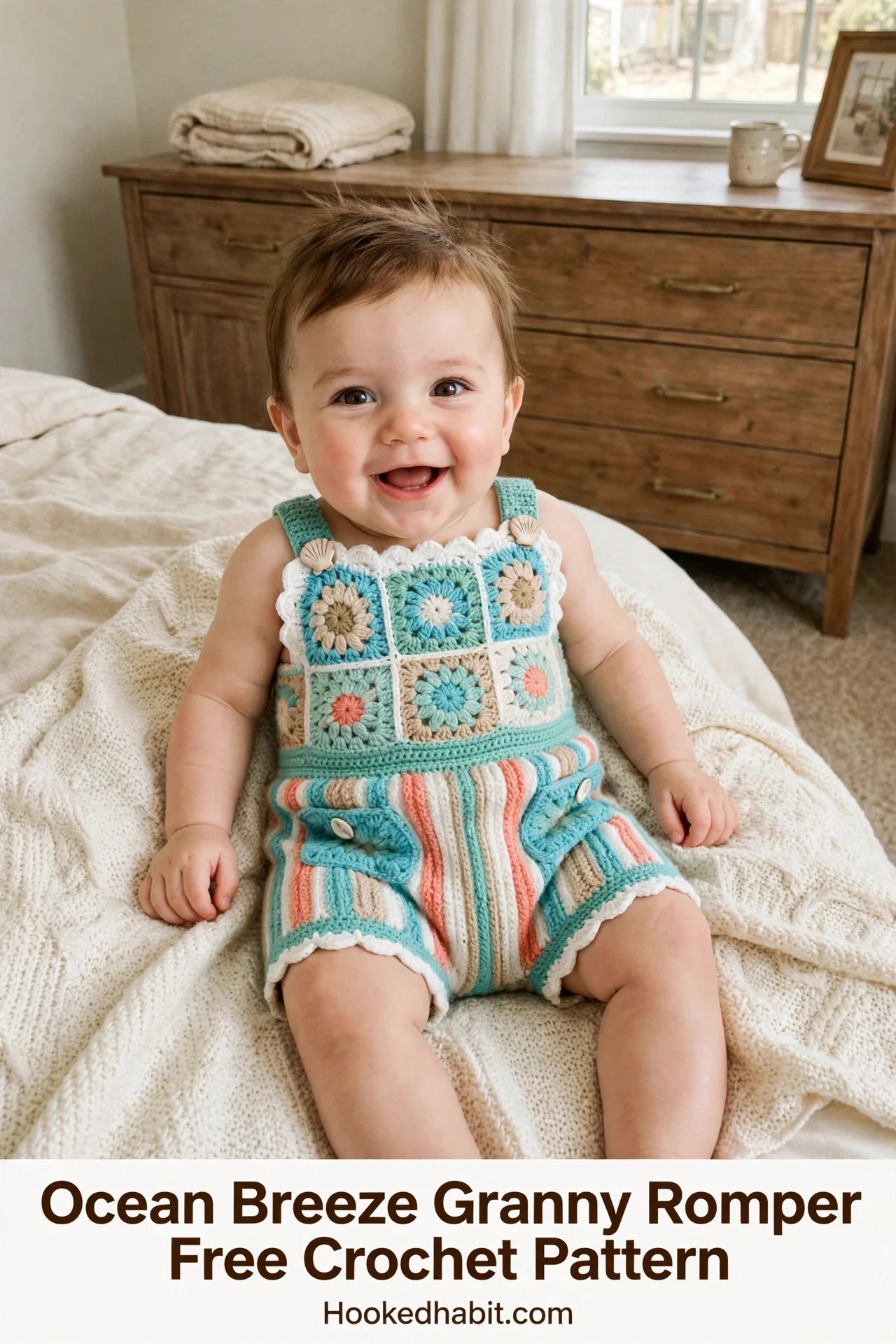 Baby boy wearing the ocean breeze granny square crochet romper on a bed