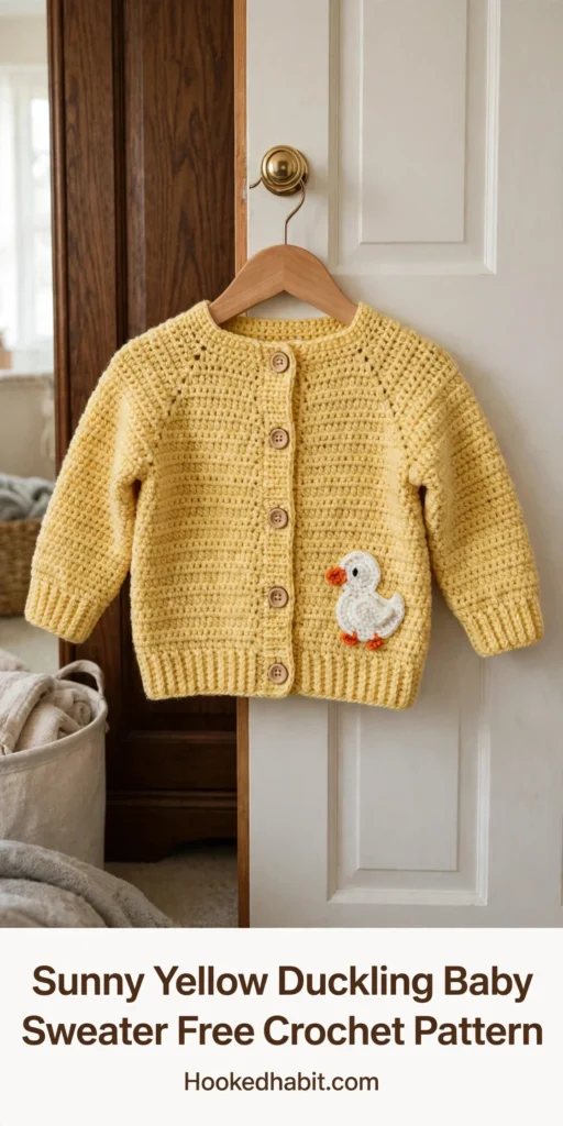 Sunny yellow baby cardigan with duck applique laid on a table