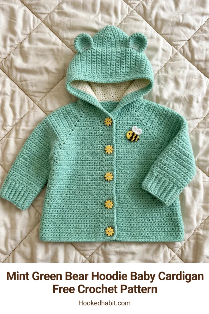 Mint green bear hoodie baby cardigan with ears on the hood