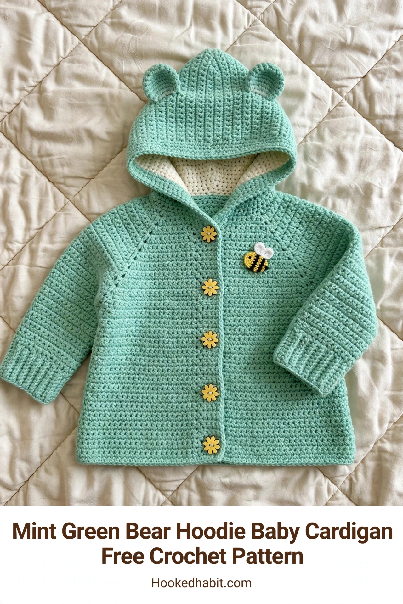 Mint green bear hoodie baby cardigan with ears on the hood