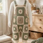 Sage and cream granny square baby overalls laid flat