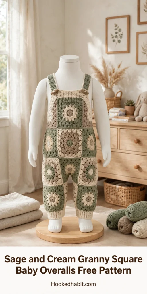 Sage and cream granny square baby overalls laid flat