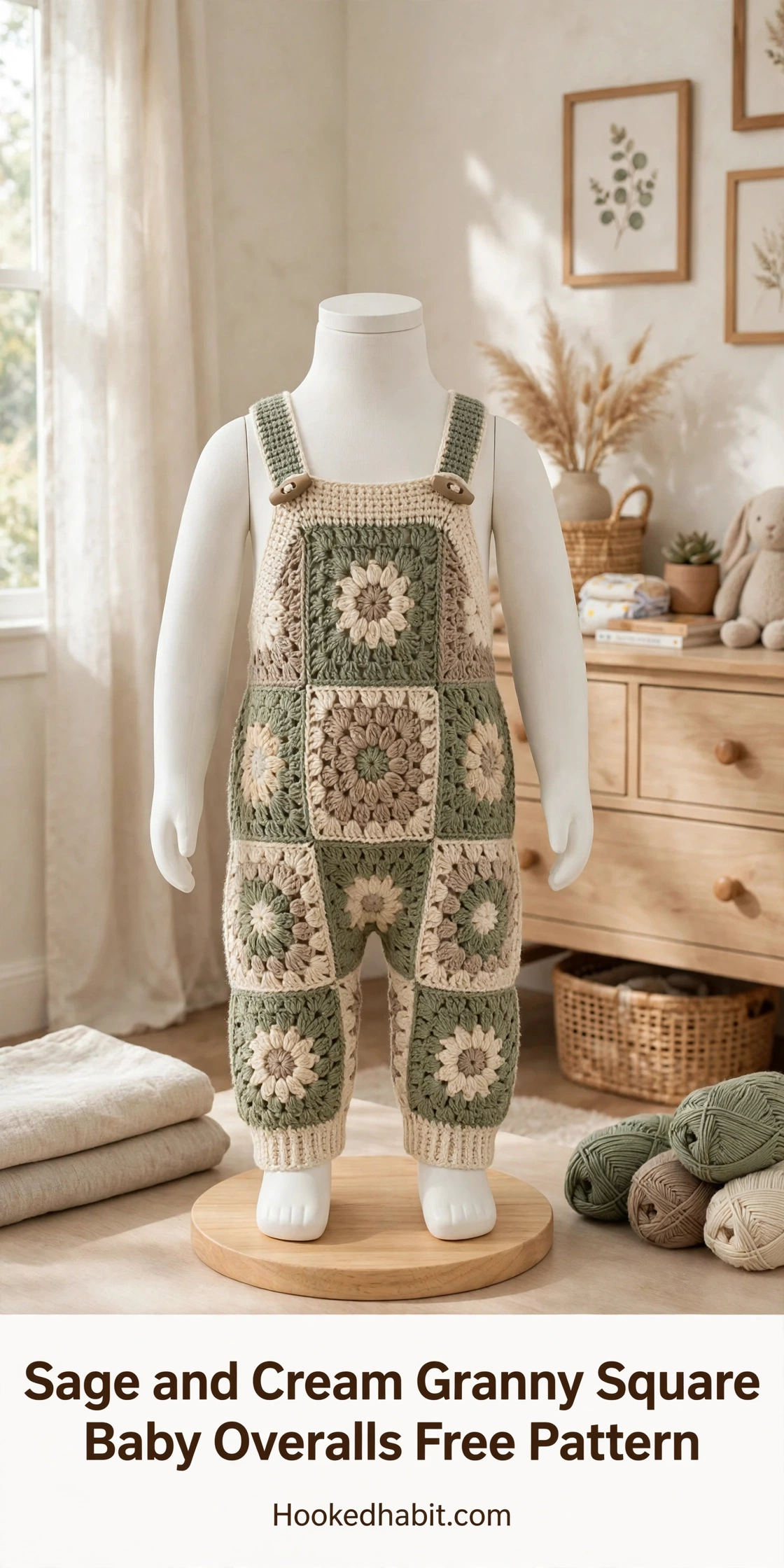 Sage and cream granny square baby overalls laid flat