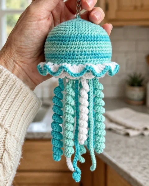 Ocean Blue Jellyfish Keychain Free Crochet Pattern