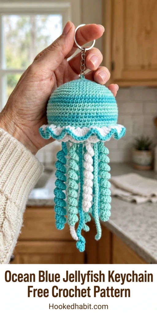 Ocean blue crochet jellyfish keychain held in a hand
