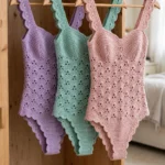 Three pastel crochet shell stitch bodysuits in lavender, mint and dusty rose on hangers