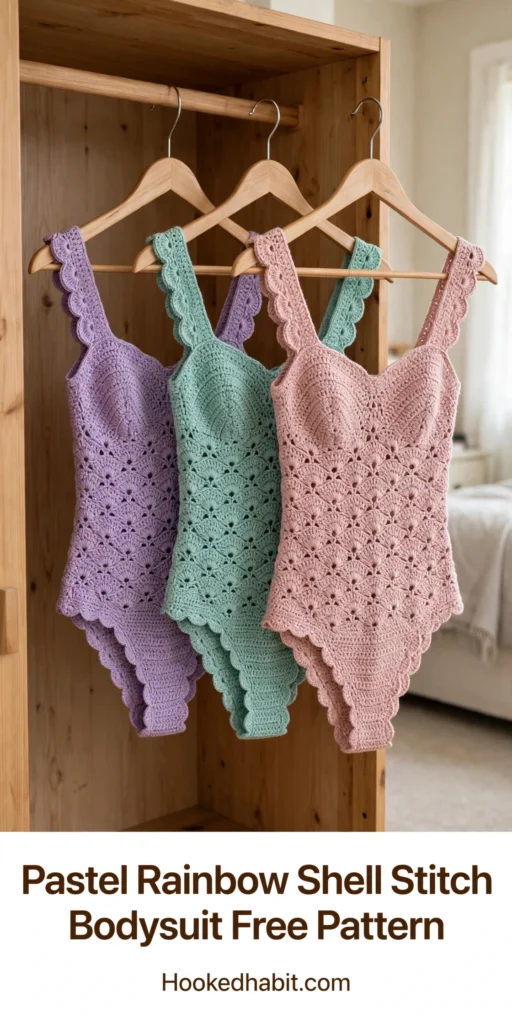Three pastel crochet shell stitch bodysuits in lavender, mint and dusty rose on hangers