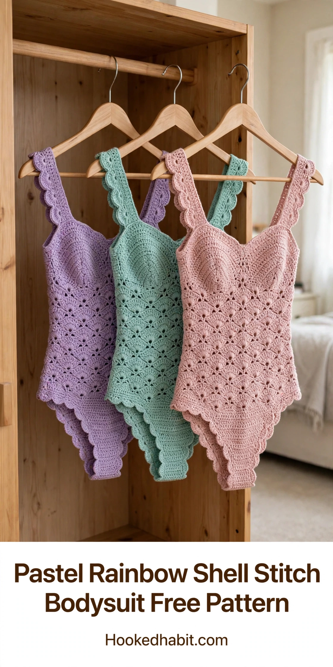 Three pastel crochet shell stitch bodysuits in lavender, mint and dusty rose on hangers