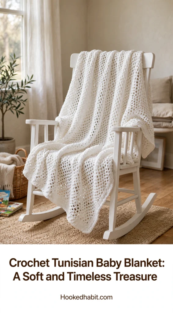 White Tunisian crochet baby blanket draped over a rocking chair