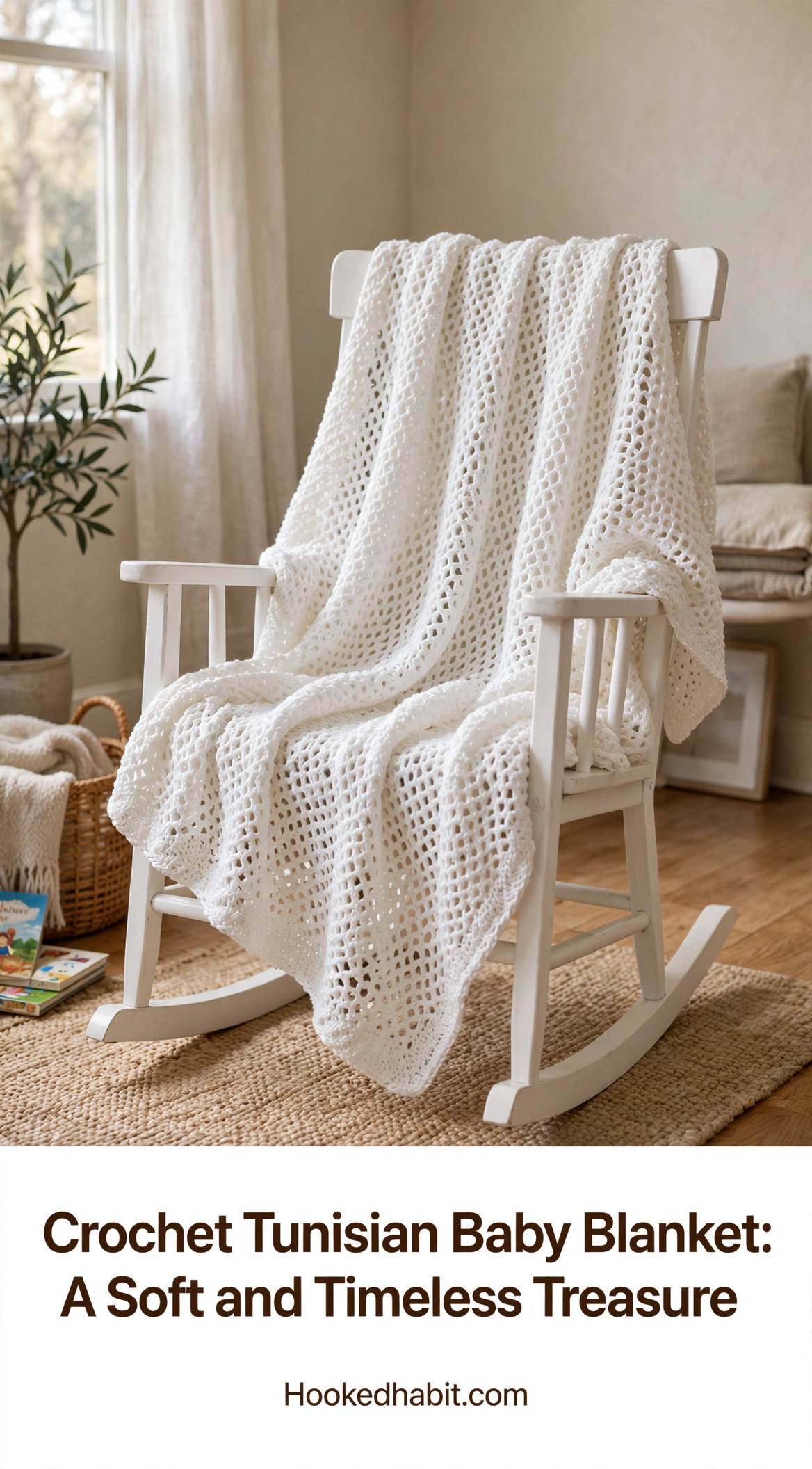 White Tunisian crochet baby blanket draped over a rocking chair
