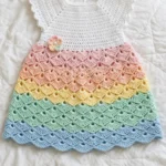 Rainbow pastel shell stitch baby dress laid flat