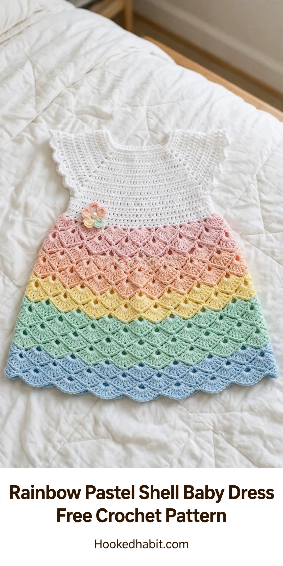 Rainbow pastel shell stitch baby dress laid flat