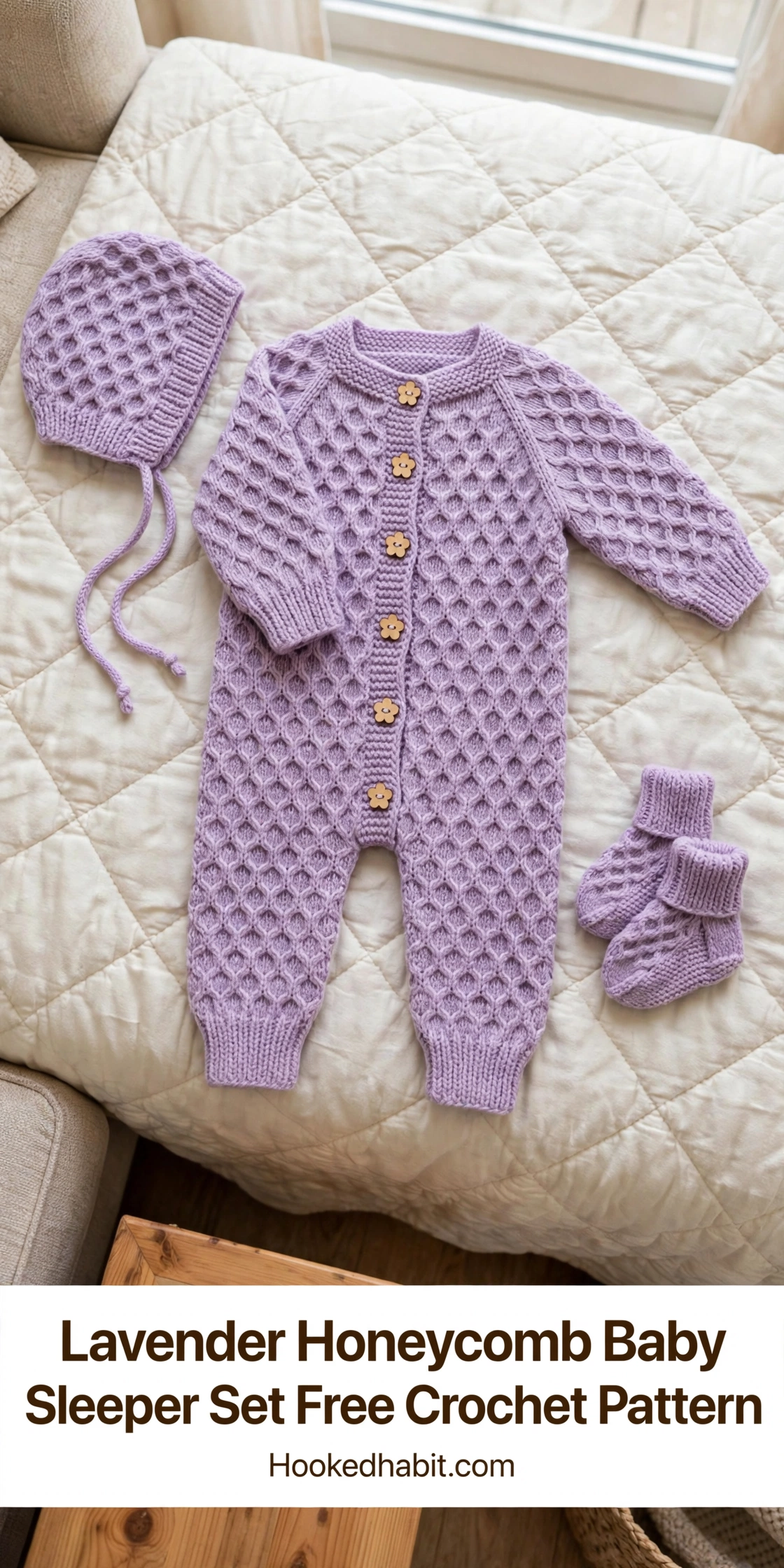 Lavender honeycomb baby sleeper set with romper, bonnet, and booties