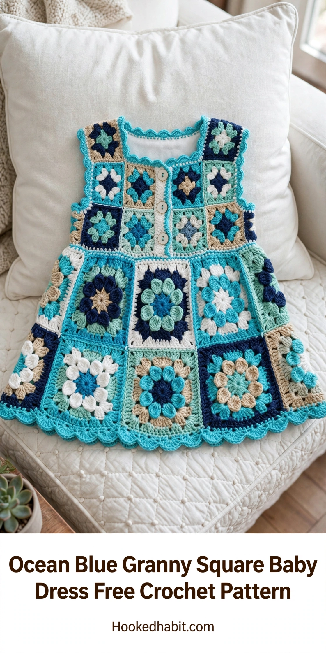 Ocean blue granny square baby dress laid flat