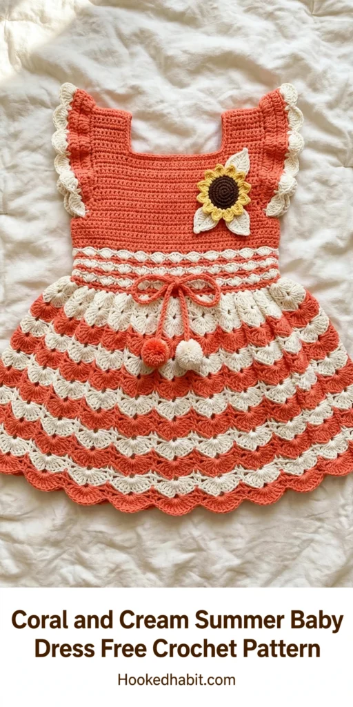 Coral and cream shell fan baby dress laid flat