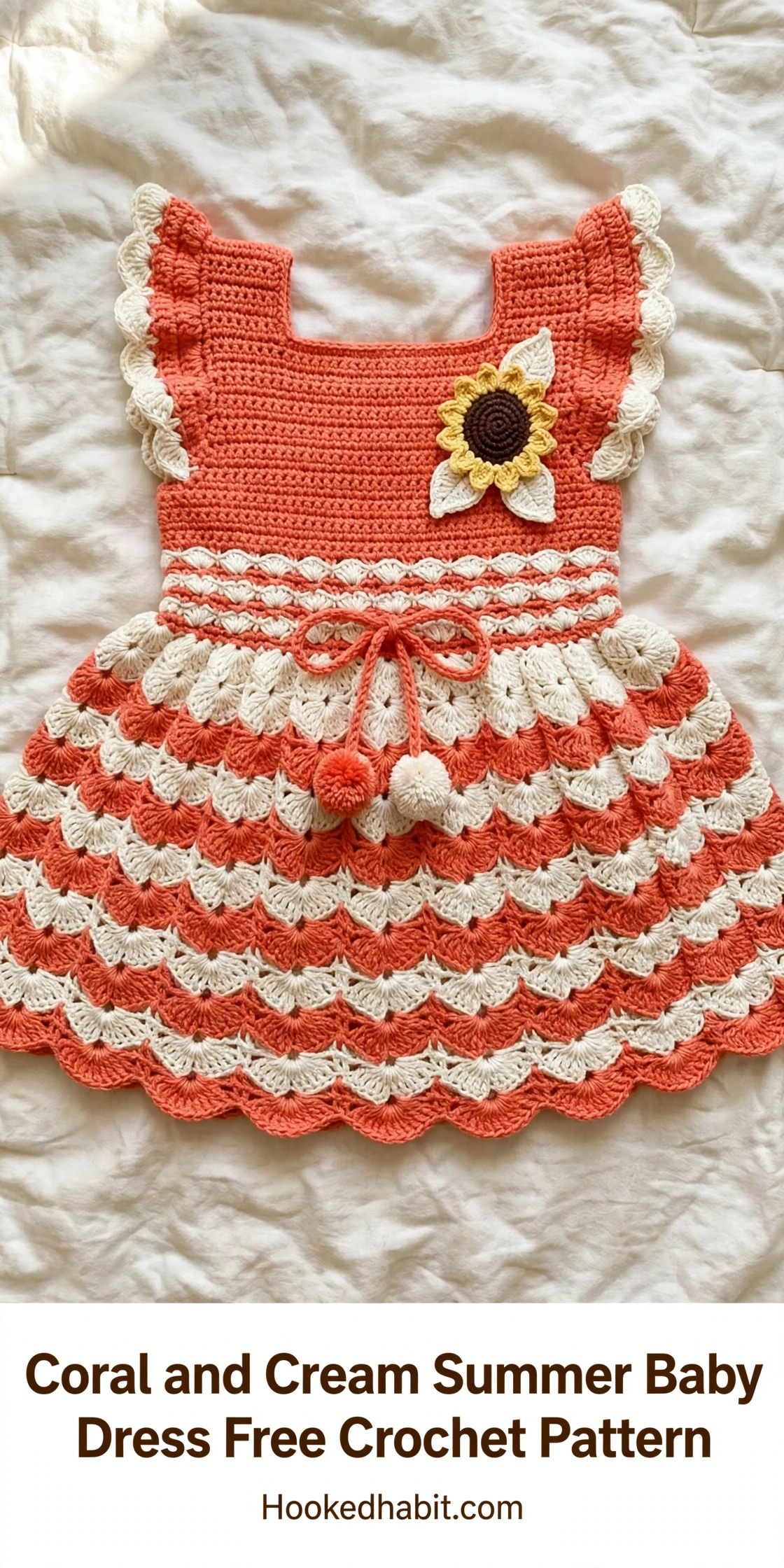 Coral and cream shell fan baby dress laid flat