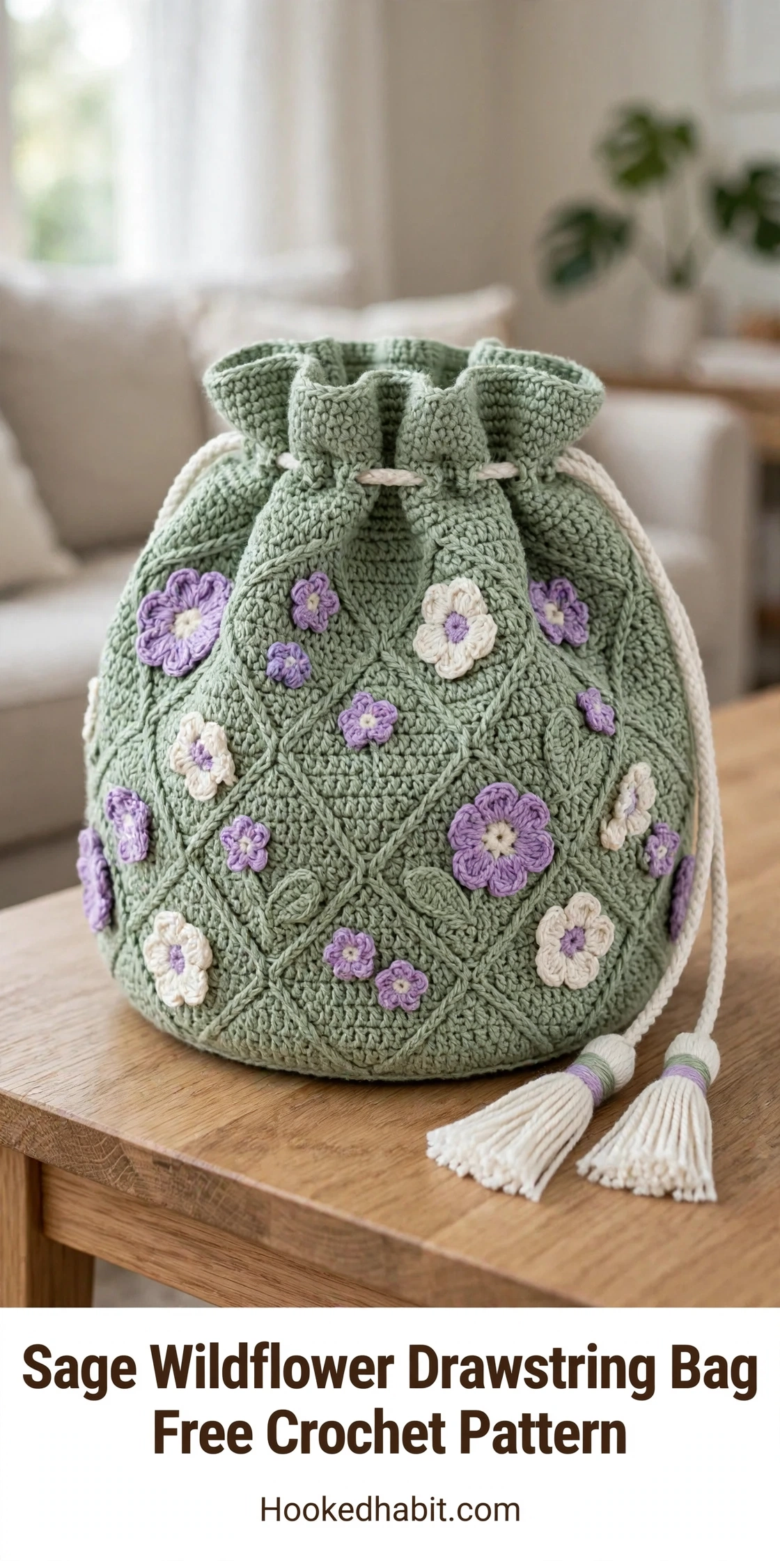 Sage green lattice crochet drawstring bag with wildflower appliques